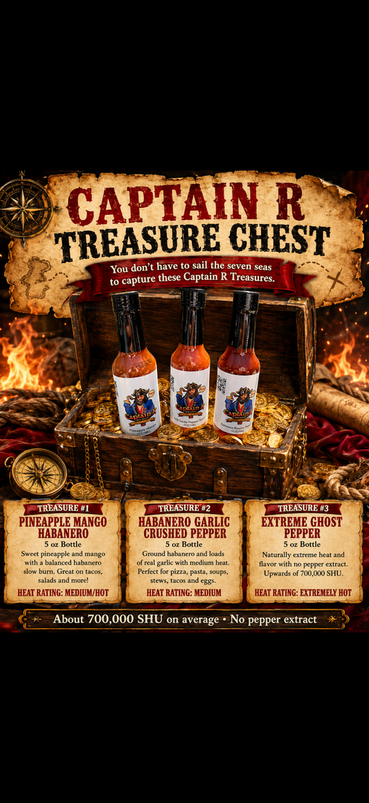 Captain R Treasure Chest (3-5oz bottles) Pineapple/Mango Habanero, Habanero Garlic, Extreme Ghost pepper sauce